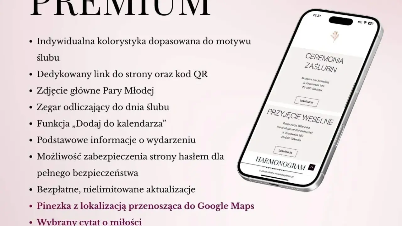 Telefon z wyświetloną stroną ślubną z informacjami o ceremonii i przyjęciu weselnym.
