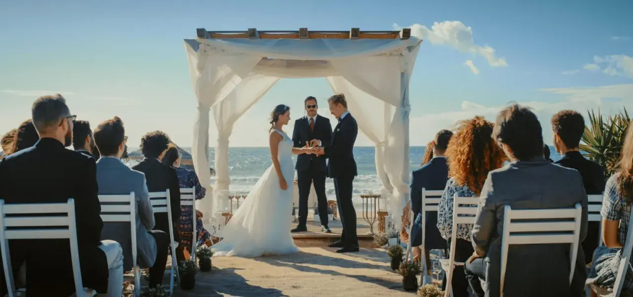 Para, panna młoda i urzędnik podczas ślubu bez zapowiedzi na plaży. Goście siedzą na krzesłach.