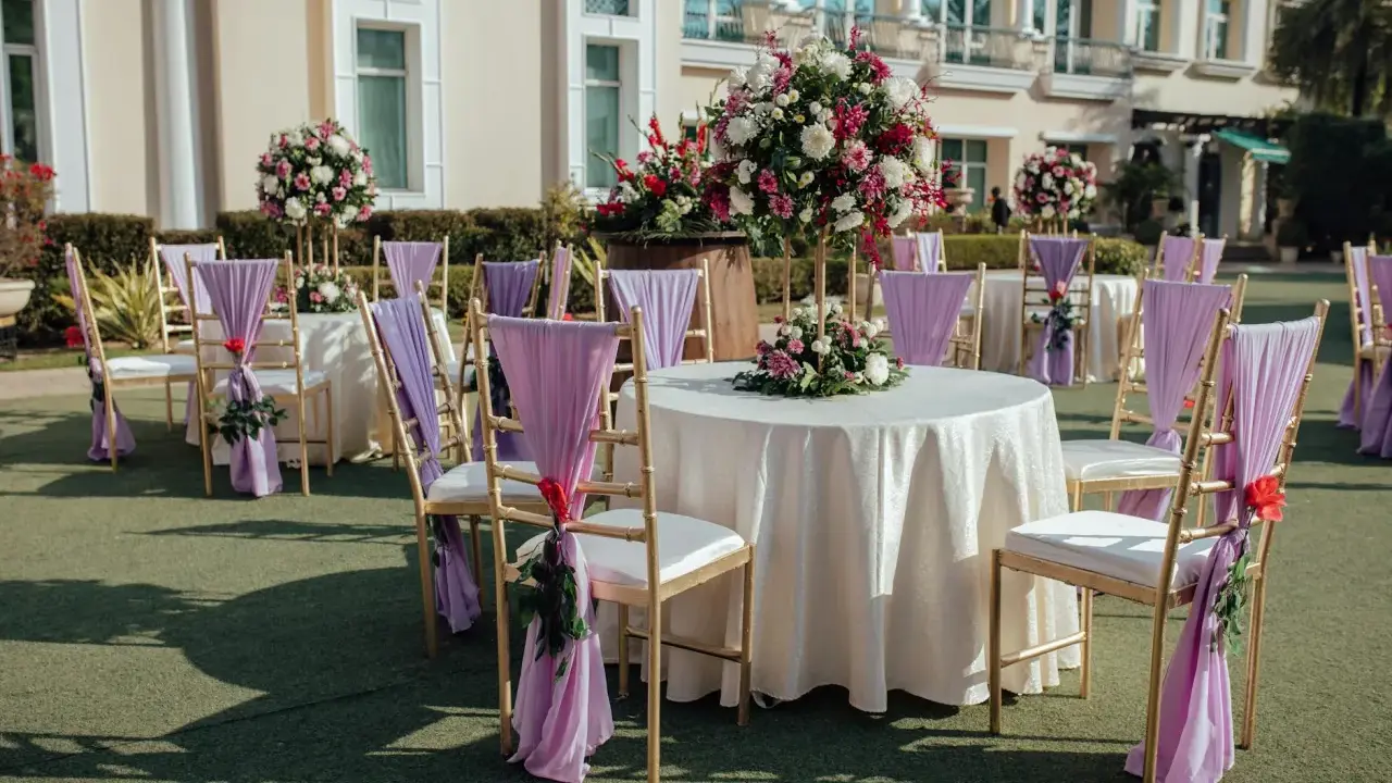 Eleganckie dekoracje na ślub: złote krzesła z fioletowymi szarfami i bukietami kwiatów wokół stołów, tworzące romantyczną atmosferę.