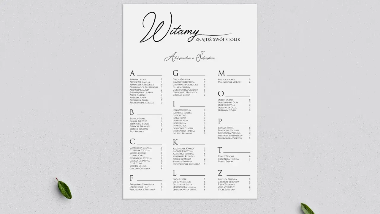 Lista gości weselnych z podziałem na stoliki. Znajdź swoje miejsce przy stoliku A, B, C, F, G, I, K, L, M, O, P, T lub Z.