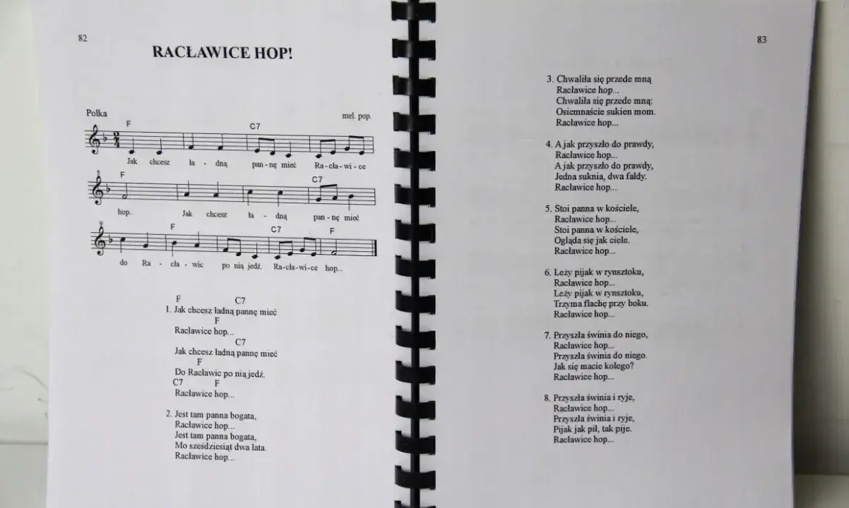 Strona z nutami i tekstami piosenek biesiadnych, w tym "Racławice hop!".