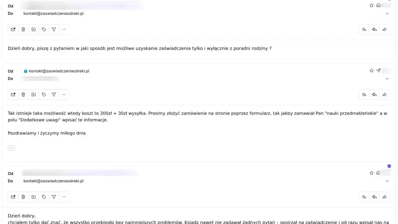 Korespondencja mailowa dotycząca zamówienia zaświadczenia z poradni rodzinnej do ślubu. Potwierdzenie możliwości uzyskania dokumentu i pozytywna opinia o sprawności obsługi.