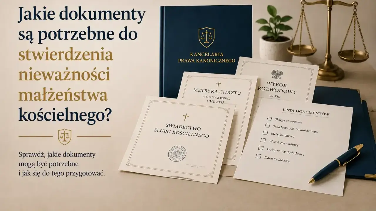 Dokumenty do stwierdzenia nieważności małżeństwa kościelnego: skarga powodowa, metryka chrztu, świadectwo ślubu.