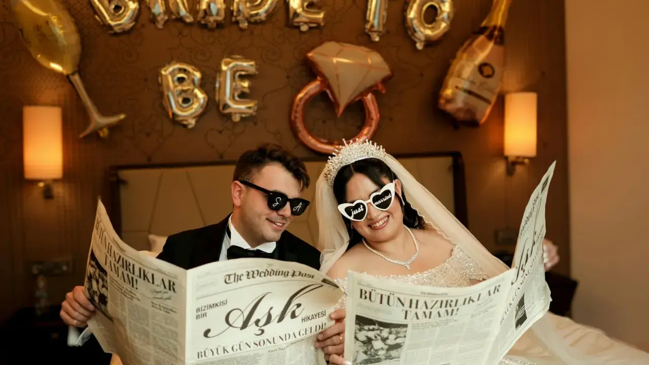Para młoda czyta gazetę "The Wedding Post" z nagłówkami o ślubie. Czyżby to zapowiedź, ile trwają poprawiny?