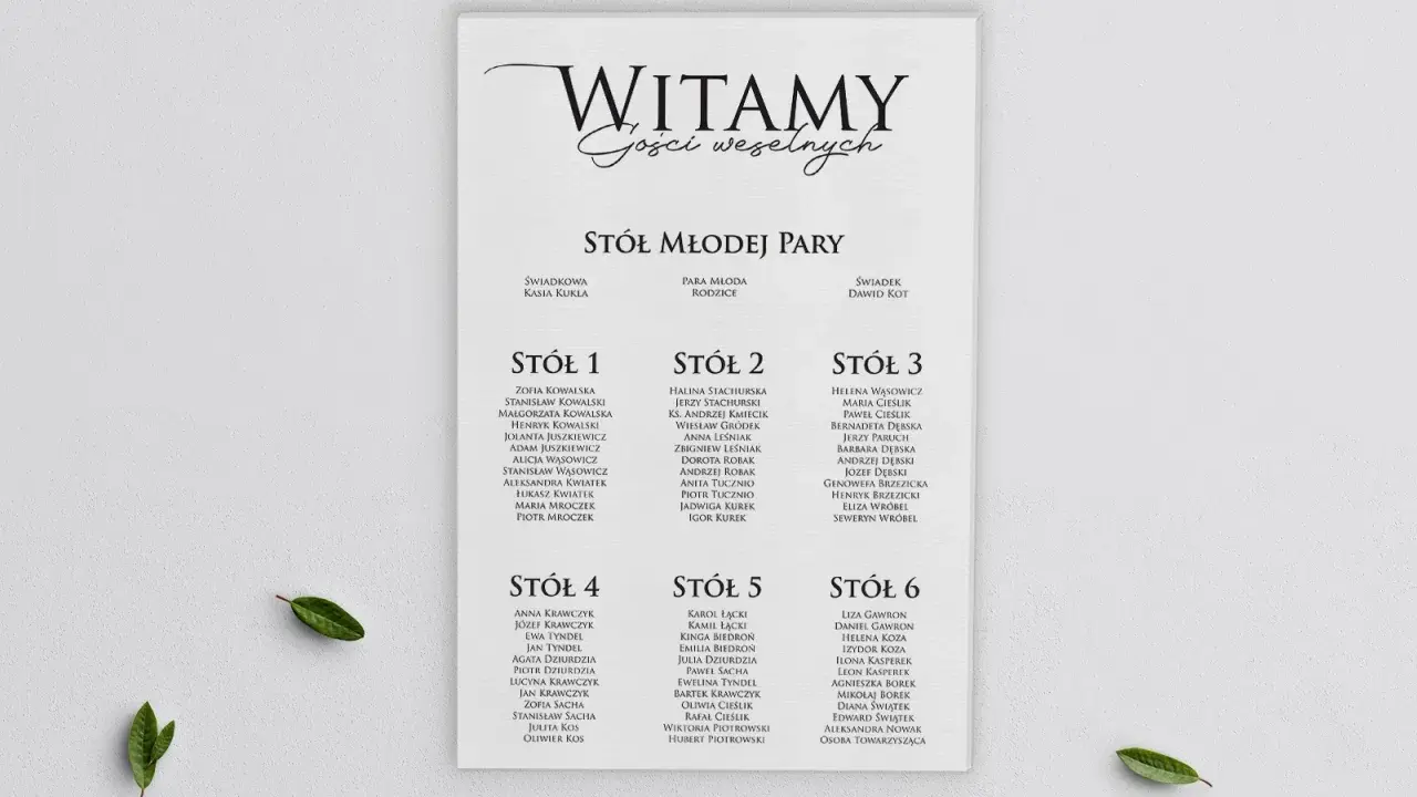 Elegancki plan stołów DIY z listą gości weselnych, podzielony na sześć stołów.