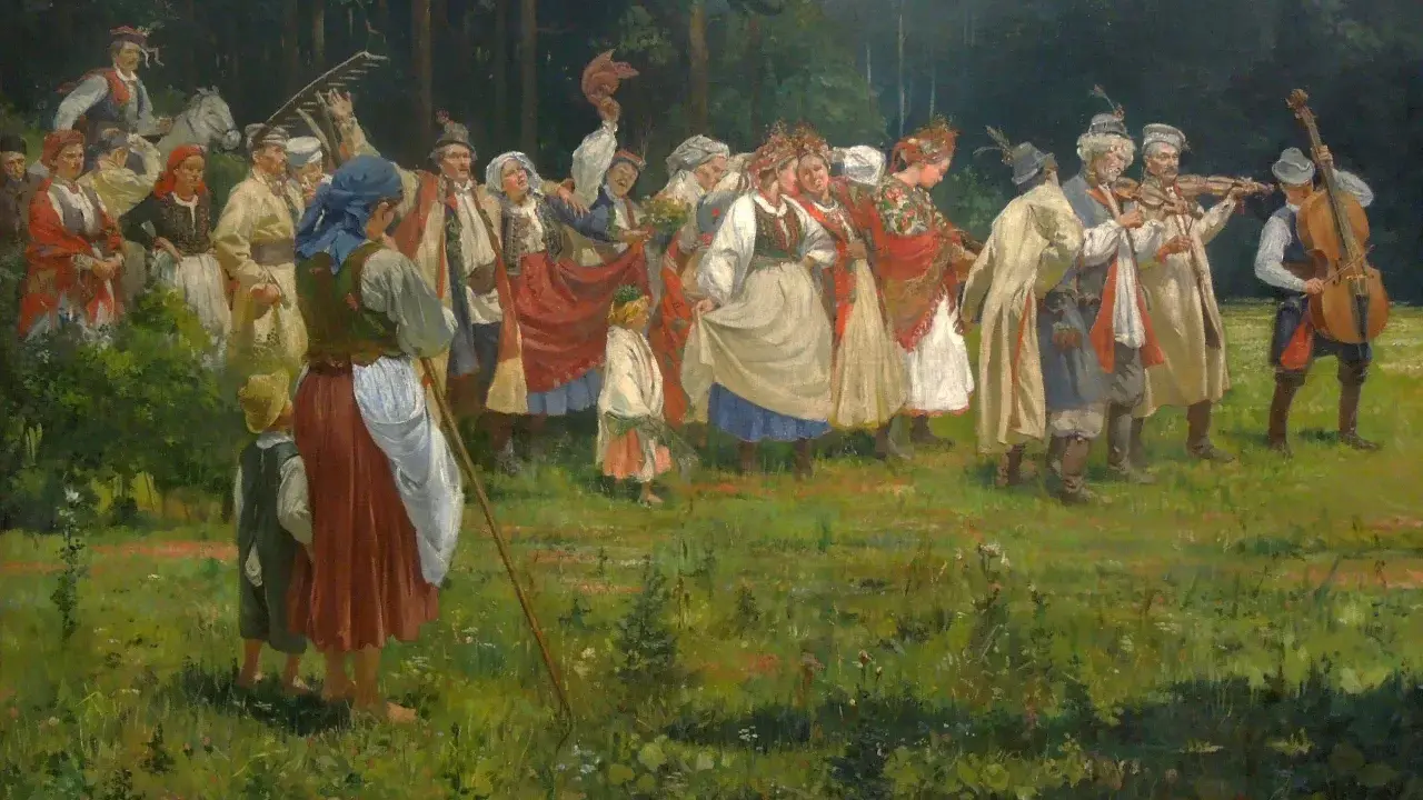 Tłum ludzi w strojach ludowych świętuje, muzycy grają, a dzieci tańczą. Obraz oddaje staropolskie zwyczaje weselne.