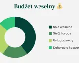 Wykres kołowy pokazujący podział budżetu na organizację ślubu i wesela: sala, strój, usługodawcy, dekoracje.