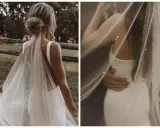 Elegancka panna młoda z upiętymi włosami i welonem ozdobionym perłami. Delikatne perły na ślubie dodają blasku.