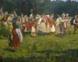 Tłum ludzi w strojach ludowych świętuje, muzycy grają, a dzieci tańczą. Obraz oddaje staropolskie zwyczaje weselne.