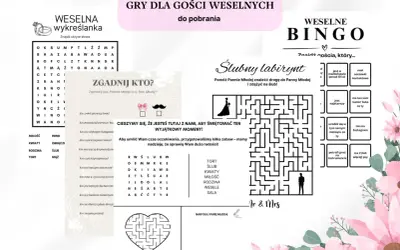 Gry weselne: wykreślanka, bingo, labirynt i pytania dla gości o parze młodej.