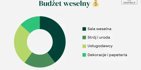 Wykres kołowy pokazujący podział budżetu na organizację ślubu i wesela: sala, strój, usługodawcy, dekoracje.