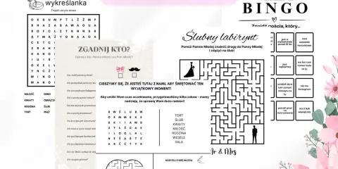 Gry weselne: wykreślanka, bingo, labirynt i pytania dla gości o parze młodej.
