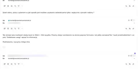 Korespondencja mailowa dotycząca zamówienia zaświadczenia z poradni rodzinnej do ślubu. Potwierdzenie możliwości uzyskania dokumentu i pozytywna opinia o sprawności obsługi.