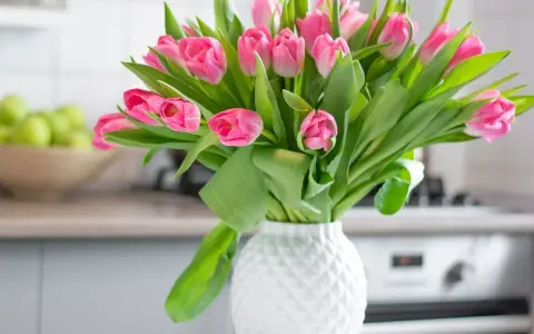 Różowe tulipany w białym wazonie, idealne na stół weselny. W tle miska z zielonymi jabłkami i kuchenny blat.