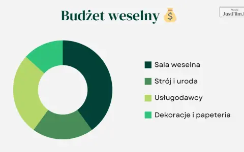 Wykres kołowy pokazujący podział budżetu na organizację ślubu i wesela: sala, strój, usługodawcy, dekoracje.