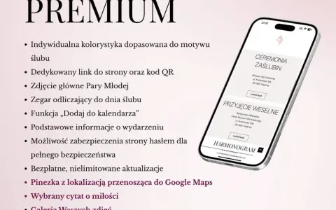 Telefon z wyświetloną stroną ślubną z informacjami o ceremonii i przyjęciu weselnym.