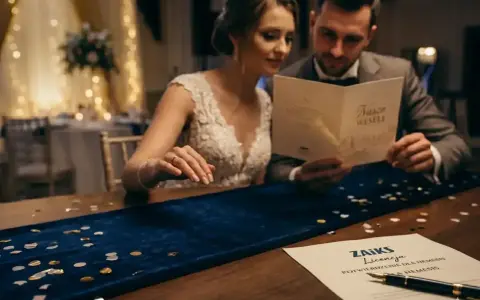 Para młoda przegląda dokumenty, w tym licencję ZAIKS. Na stole konfetti i pióro.