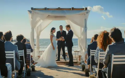 Para, panna młoda i urzędnik podczas ślubu bez zapowiedzi na plaży. Goście siedzą na krzesłach.