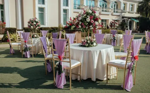 Eleganckie dekoracje na ślub: złote krzesła z fioletowymi szarfami i bukietami kwiatów wokół stołów, tworzące romantyczną atmosferę.