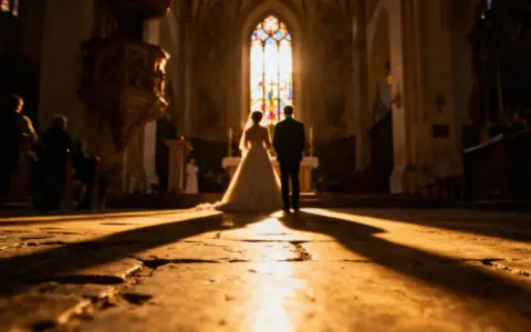 Para młoda stoi przed ołtarzem w kościele, w promieniach słońca. W tle witraż. Piękny moment, jak z psalmy na ślub.