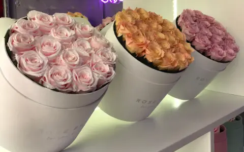 Trzy okrągłe pudełka z różami w pastelowych kolorach: różowym, brzoskwiniowym i fioletowym. Idealne kwiaty na ślub w prezencie.