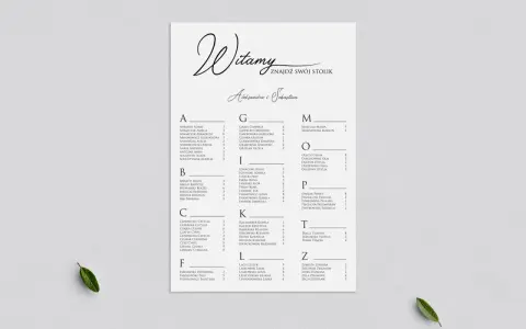 Lista gości weselnych z podziałem na stoliki. Znajdź swoje miejsce przy stoliku A, B, C, F, G, I, K, L, M, O, P, T lub Z.