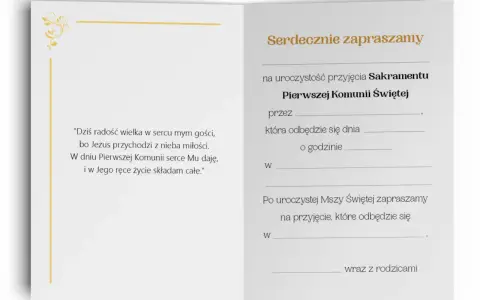 Zaproszenie na uroczystość Pierwszej Komunii Świętej. Wpisz argumenty do zaproszenia: datę, godzinę i miejsce przyjęcia.