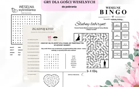 Gry weselne: wykreślanka, bingo, labirynt i pytania dla gości o parze młodej.