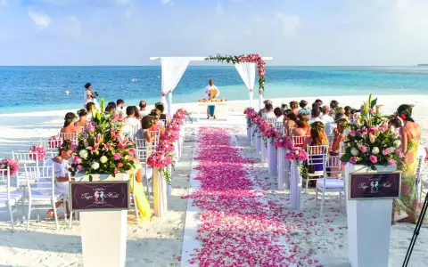 Plażowa ceremonia ślubna z różowymi płatkami kwiatów i błękitnym oceanem w tle. Idealne, nietypowe miejsce na wesele marzeń.