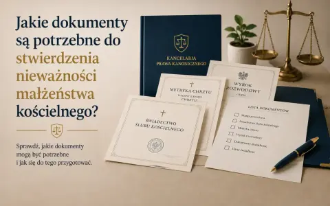 Dokumenty do stwierdzenia nieważności małżeństwa kościelnego: skarga powodowa, metryka chrztu, świadectwo ślubu.