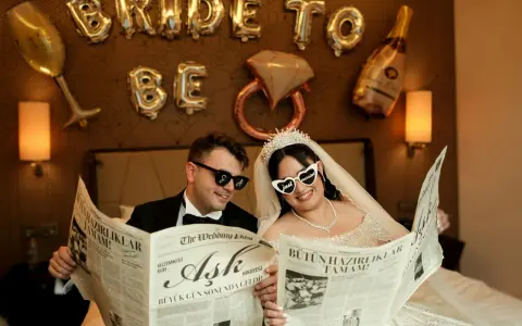 Para młoda czyta gazetę "The Wedding Post" z nagłówkami o ślubie. Czyżby to zapowiedź, ile trwają poprawiny?