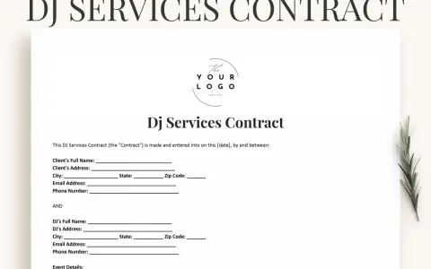 Szablon umowy dj. Dokument zawiera pola na dane klienta, dj-a oraz szczegóły wydarzenia.
