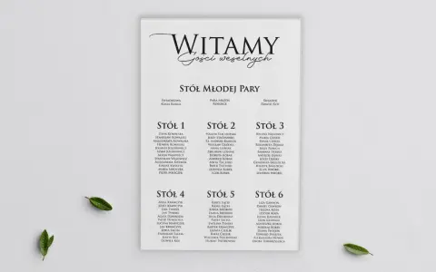Elegancki plan stołów DIY z listą gości weselnych, podzielony na sześć stołów.