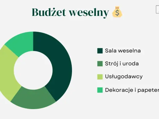 Wykres kołowy pokazujący podział budżetu na organizację ślubu i wesela: sala, strój, usługodawcy, dekoracje.