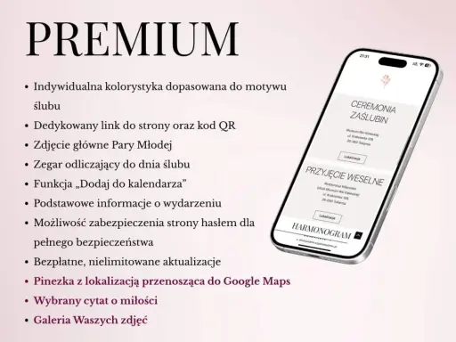 Telefon z wyświetloną stroną ślubną z informacjami o ceremonii i przyjęciu weselnym.
