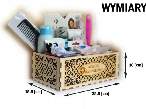 Drewniany koszyk ratunkowy dla mężczyzn, wypełniony kosmetykami i akcesoriami. Wymiary: 25,5 x 15,5 x 10 cm.