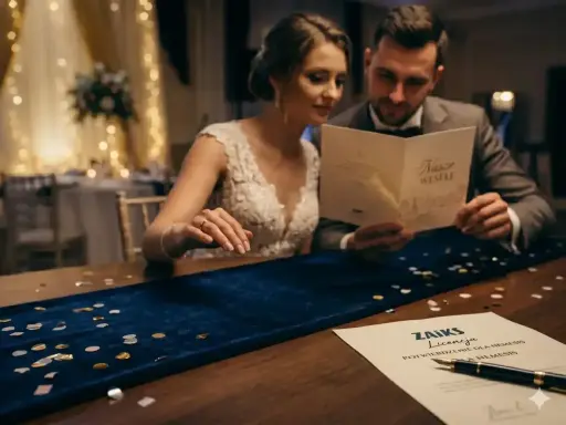 Para młoda przegląda dokumenty, w tym licencję ZAIKS. Na stole konfetti i pióro.