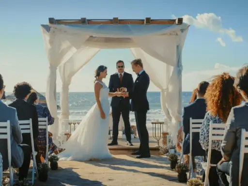 Para, panna młoda i urzędnik podczas ślubu bez zapowiedzi na plaży. Goście siedzą na krzesłach.