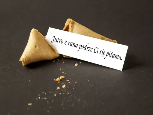 Złamane ciastko z wróżbą, na kartce śmieszne wróżby: "Jutro z rana podrze Ci się piżama.