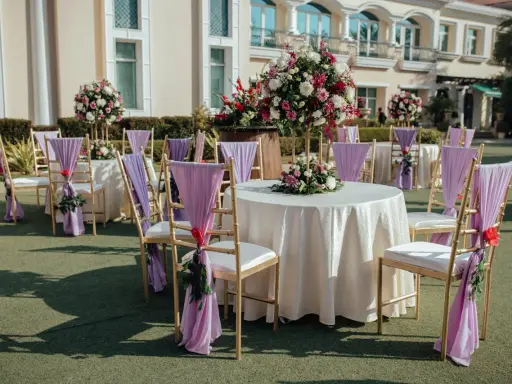 Eleganckie dekoracje na ślub: złote krzesła z fioletowymi szarfami i bukietami kwiatów wokół stołów, tworzące romantyczną atmosferę.