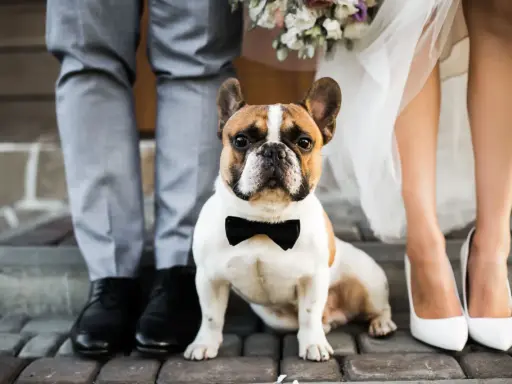 Uroczy piesek w muszce jako pies na ślubie, obok pary młodej w eleganckich strojach.