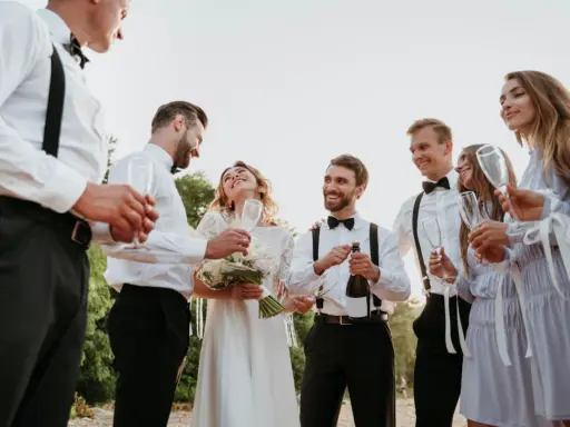 Para młoda świętuje z przyjaciółmi. Czy świadek może być po ślubie? Oczywiście, że tak! Wszyscy są uśmiechnięci i trzymają kieliszki.
