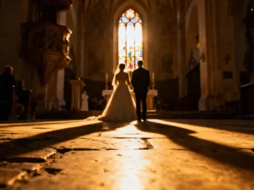 Para młoda stoi przed ołtarzem w kościele, w promieniach słońca. W tle witraż. Piękny moment, jak z psalmy na ślub.