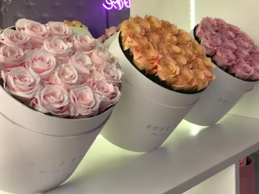 Trzy okrągłe pudełka z różami w pastelowych kolorach: różowym, brzoskwiniowym i fioletowym. Idealne kwiaty na ślub w prezencie.