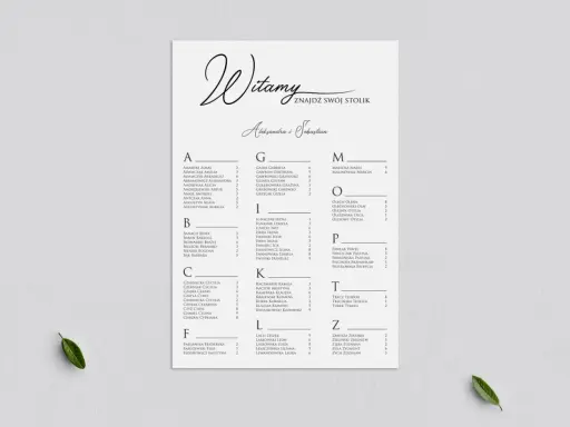 Lista gości weselnych z podziałem na stoliki. Znajdź swoje miejsce przy stoliku A, B, C, F, G, I, K, L, M, O, P, T lub Z.