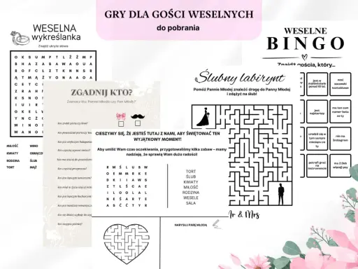 Gry weselne: wykreślanka, bingo, labirynt i pytania dla gości o parze młodej.