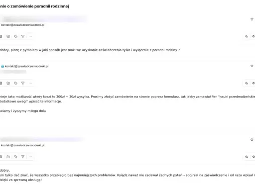 Korespondencja mailowa dotycząca zamówienia zaświadczenia z poradni rodzinnej do ślubu. Potwierdzenie możliwości uzyskania dokumentu i pozytywna opinia o sprawności obsługi.
