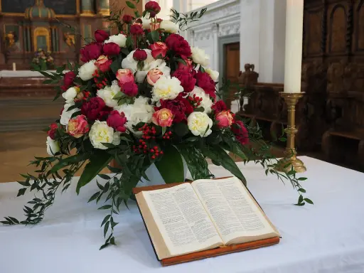Kwiaty i otwarta księga tworzą najpiękniejsze dekoracje kościoła.