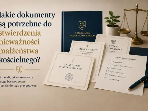 Dokumenty do stwierdzenia nieważności małżeństwa kościelnego: skarga powodowa, metryka chrztu, świadectwo ślubu.
