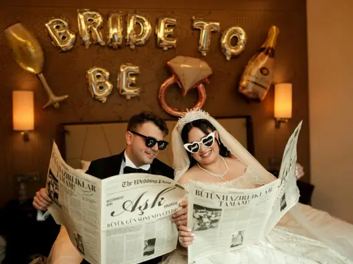 Para młoda czyta gazetę "The Wedding Post" z nagłówkami o ślubie. Czyżby to zapowiedź, ile trwają poprawiny?